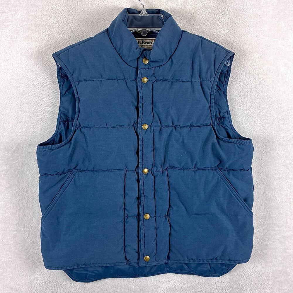 Vintage LL Bean Puffer Vest Mens M Blue Down Canvas Snap Preppy Heritage Outdoor